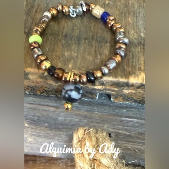 Obsidian charm beaded boho ring - Picture 2 of 2